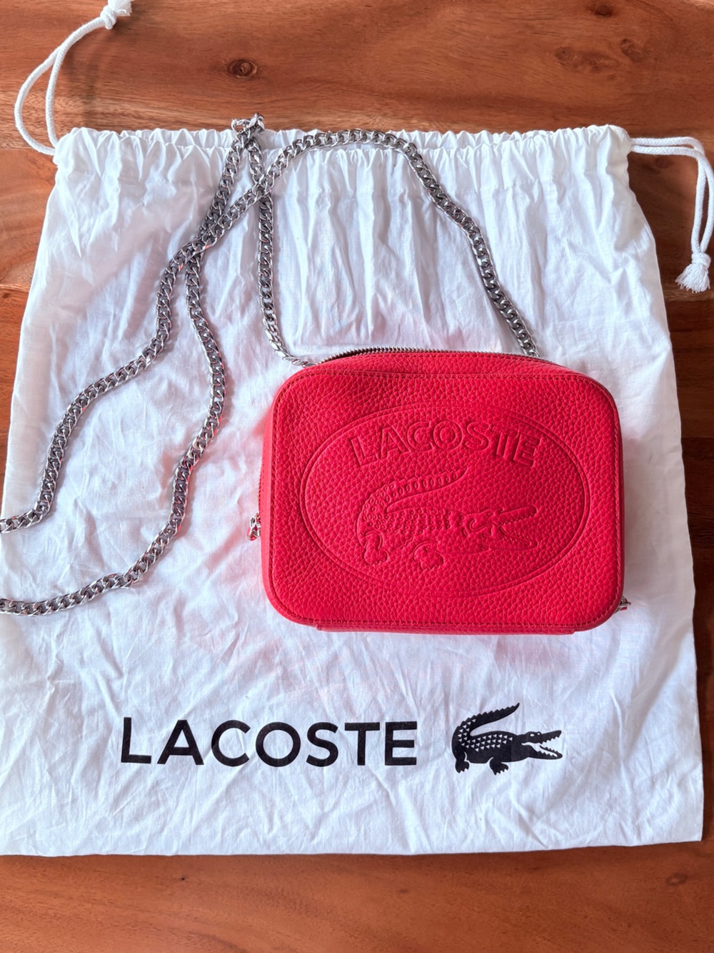 Lacoste Red Pebbled Leather Croc Purse with Double Chain Strap